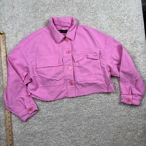 ZARA Pink Cropped Denim Jacket Raw‎ Hem Button Front Size M